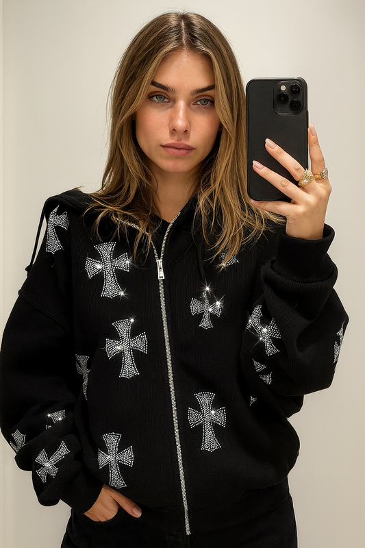 ICED ERA Rhinestone Cross Print Zip Up Hoodie